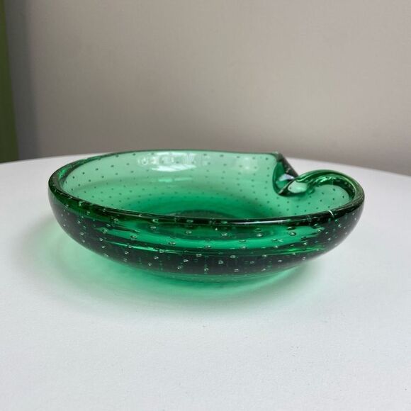 Vintage Emerald Green Bullicante Controlled Bubble Handblown Glass Dish Ashtray - Picture 4 of 11